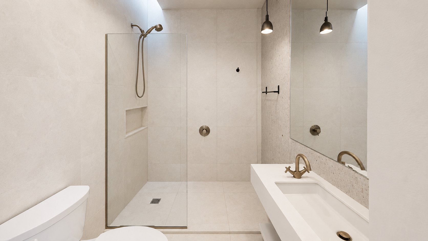 Stone-tiled walk-in shower with floating vanity and brass fittings