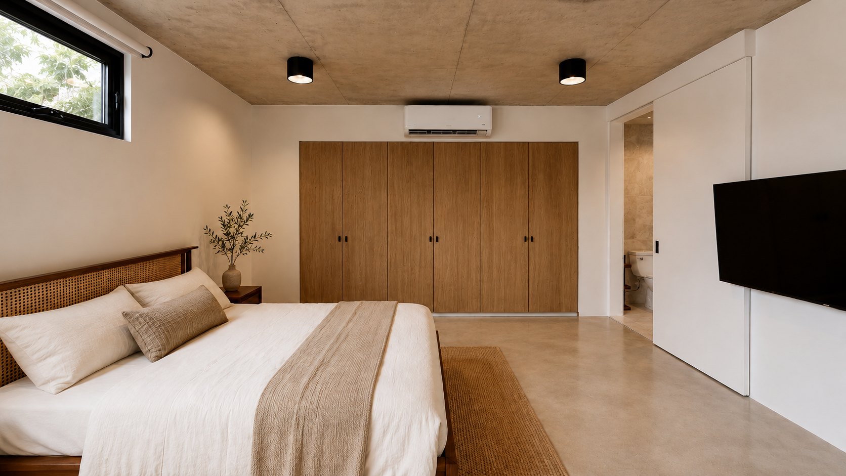 Bedroom with oak wardrobe, concrete ceiling and ensuite bath beyond