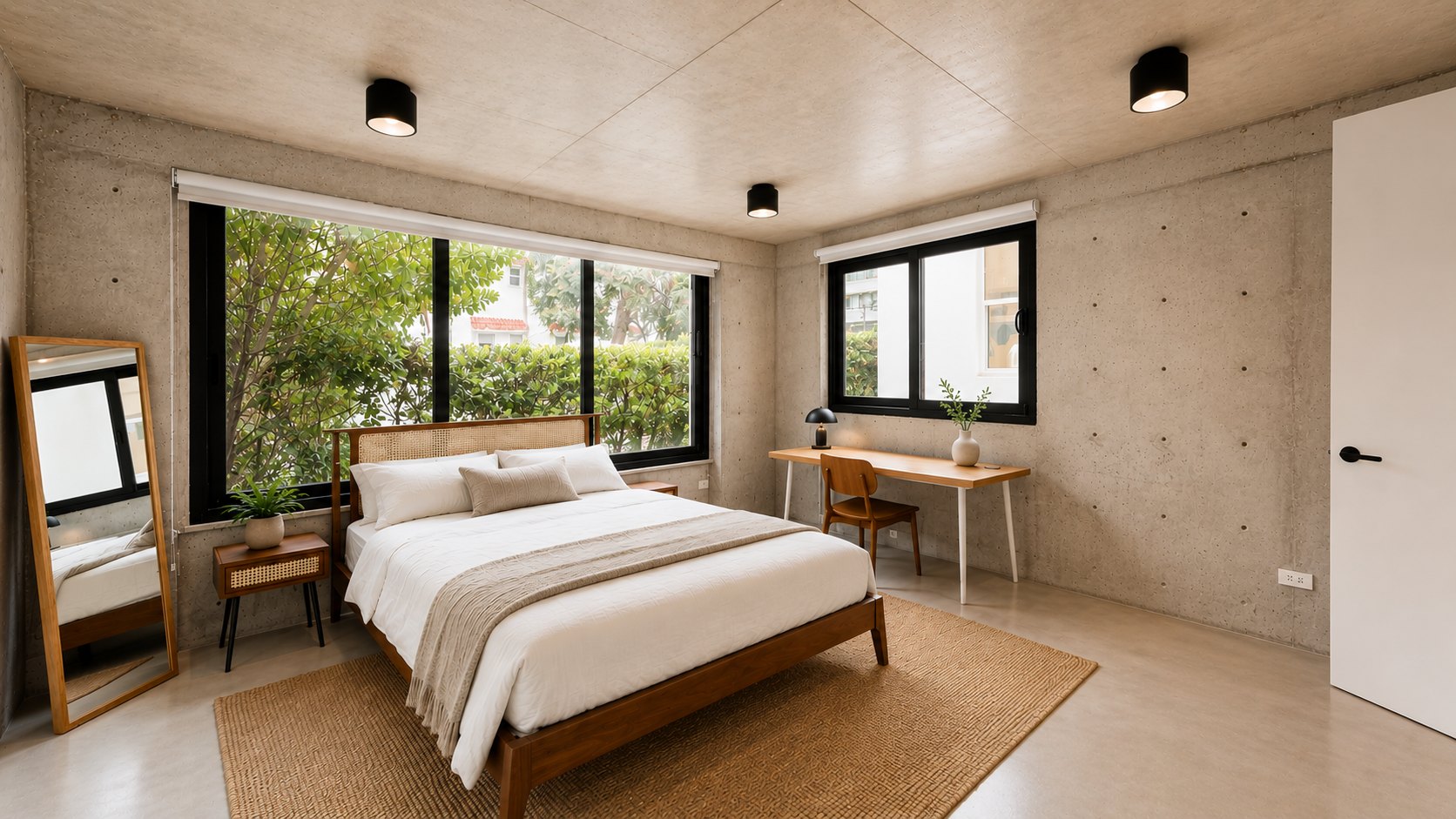 Bedroom with board-formed concrete walls, cane bed and garden window