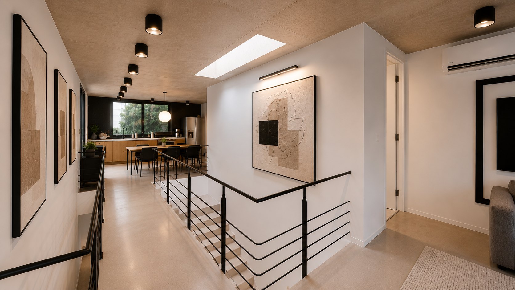Mezzanine gallery landing and stair, open kitchen and dining beyond