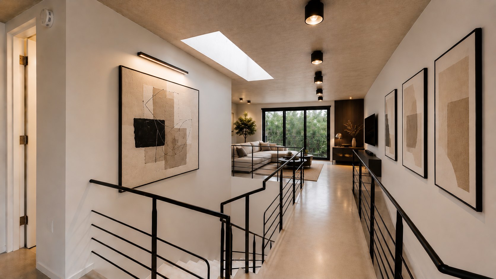 Upper landing with gallery wall, skylight and living room beyond