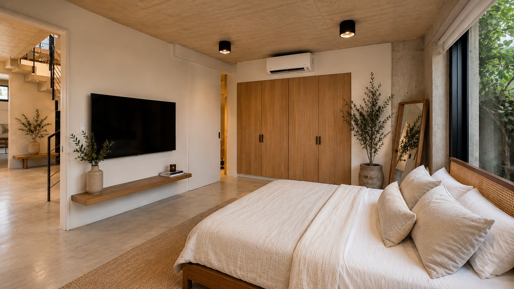 Principal suite with cane bed, oak wardrobe and full-height garden window